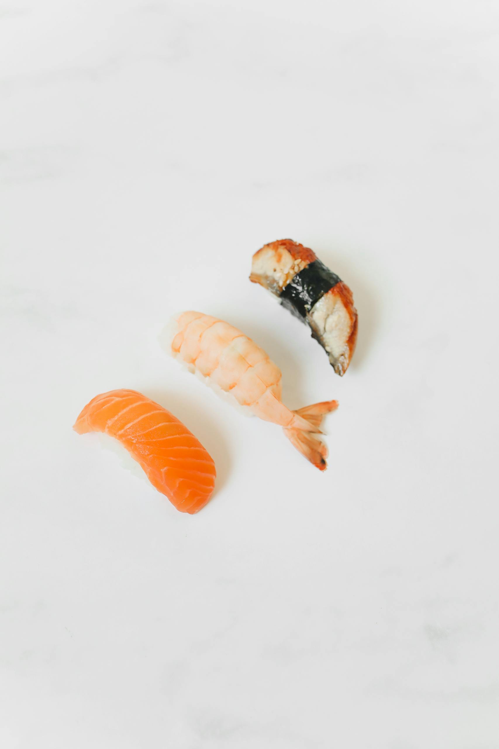 Close-up of a salmon, shrimp, and eel sushi assortment with copy space.